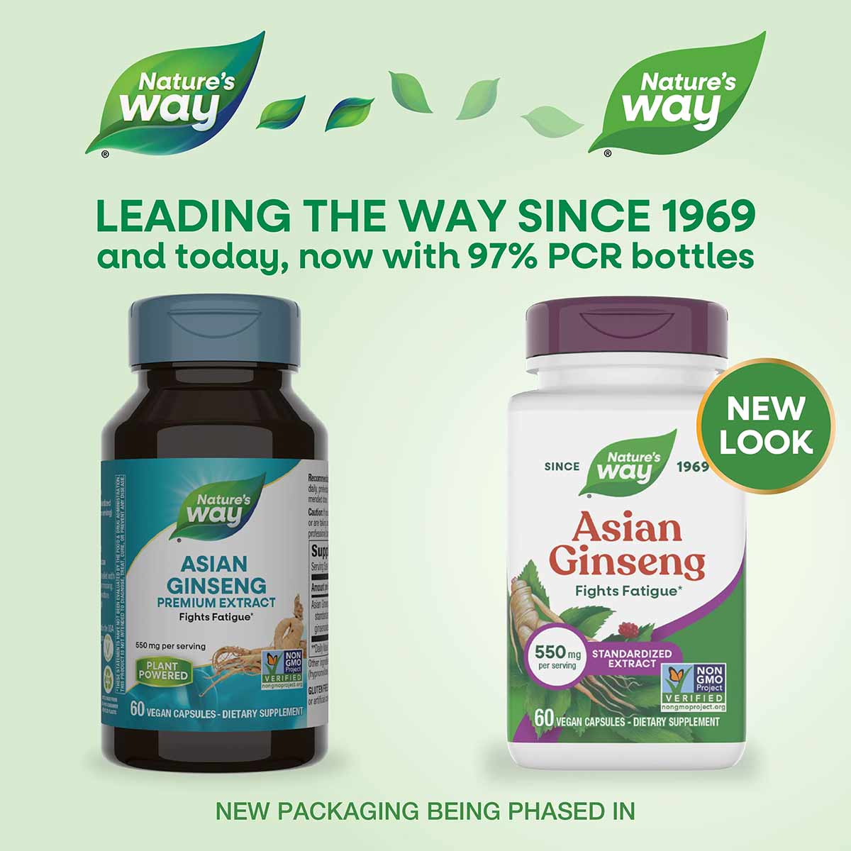 Two bottles of Nature's Way Asian Ginseng Premium Extract supplement: dark glass bottle with teal label and white plastic bot