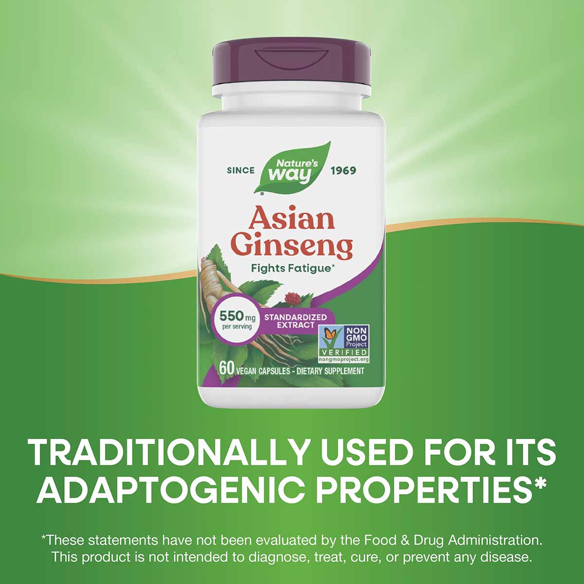 Nature's Way Asian Ginseng extract bottle with purple cap containing 60 vegan capsules, 550mg standardized extract per servin