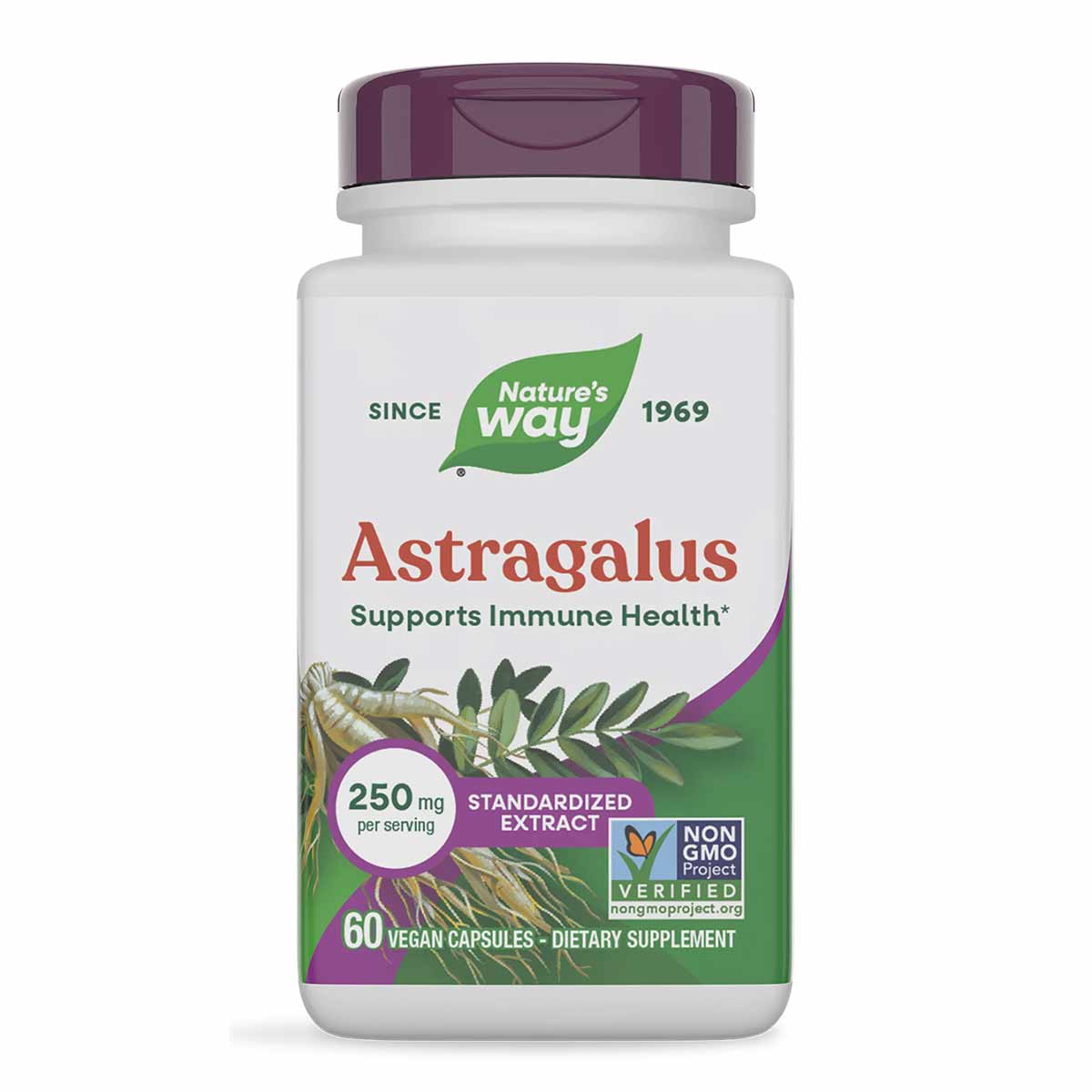 Nature's Way Astragalus supplement bottle with purple cap, 250 mg standardized extract, 60 vegan capsules.