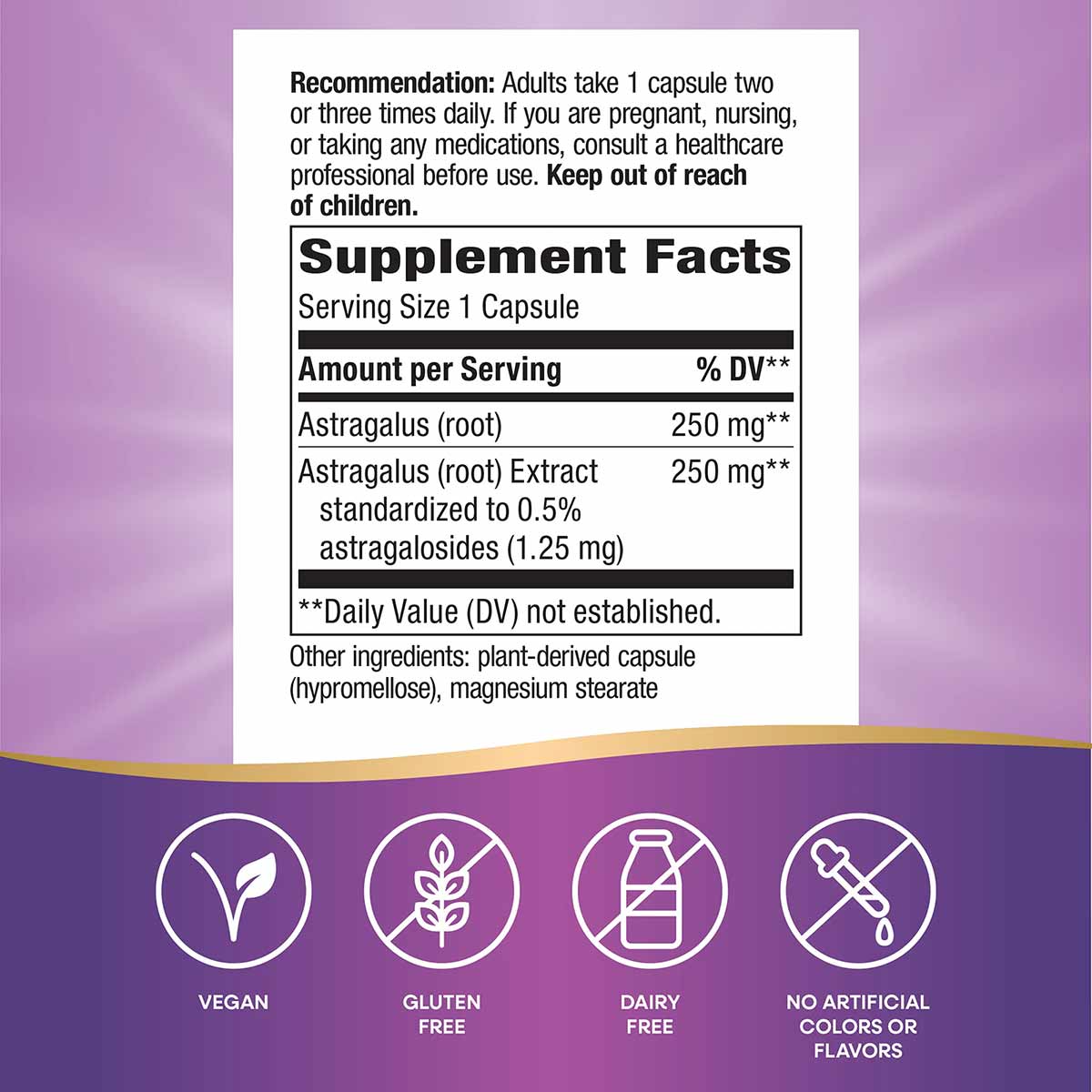 Supplement Facts label for Astragalus Premium Extract with dosage recommendations and ingredient information on purple backgr