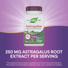 White bottle with purple cap and Nature's Way branding containing Astragalus extract supplement, 60 vegan capsules.