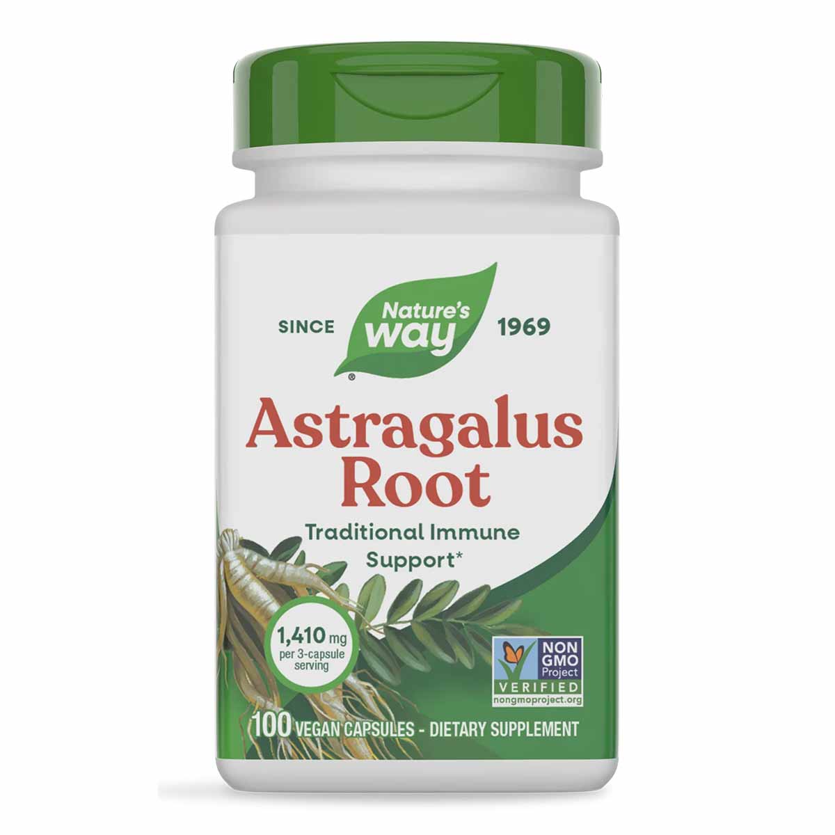 Nature's Way Astragalus Root supplement bottle with green cap and label containing 100 vegan capsules.
