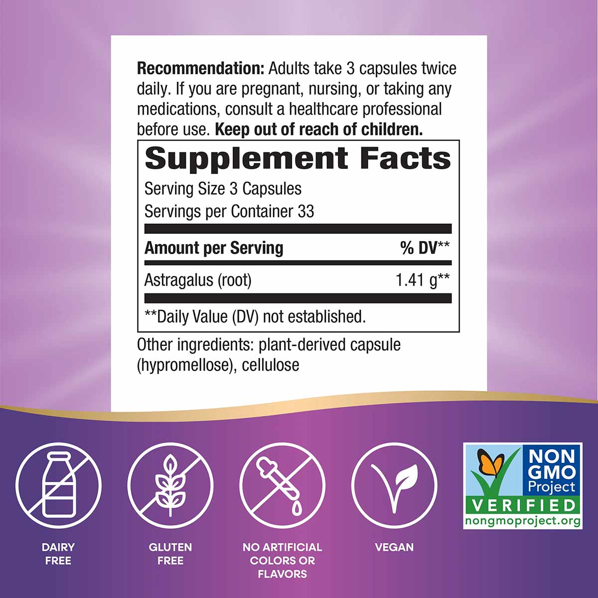 Supplement Facts label for Astragalus Root capsules showing 1.41g per serving, 33 servings per container, with dairy-free, gl