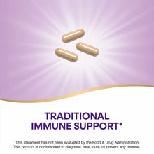 Three tan capsules against a purple gradient background with gold curved design element and text stating "Traditional Immune 