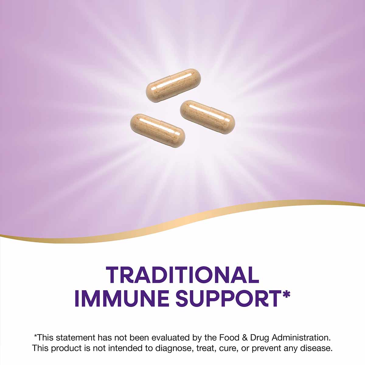 Three tan capsules against a purple gradient background with gold curved design element and text stating "Traditional Immune 