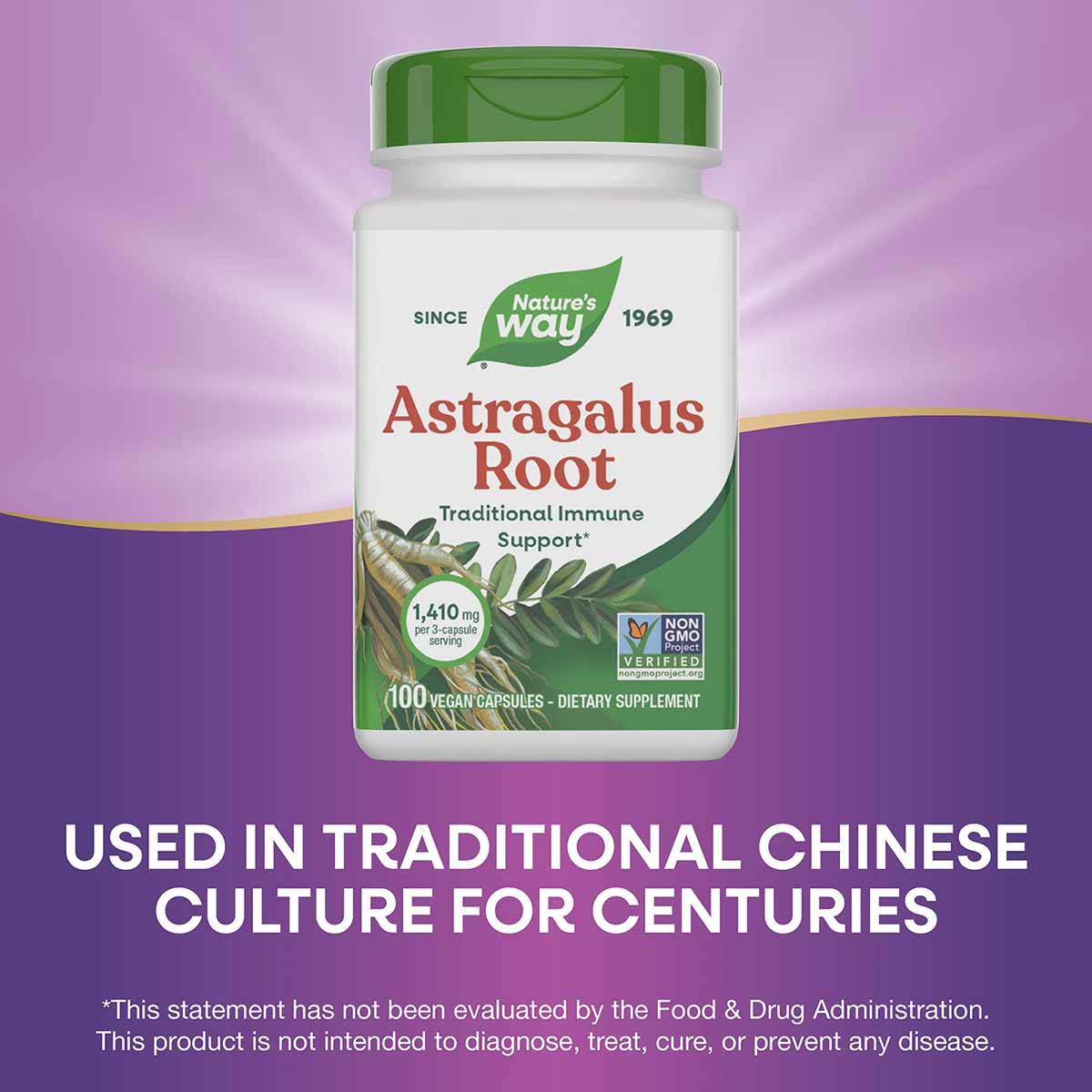 Nature's Way Astragalus Root bottle with green cap and white label containing 100 vegan capsules.
