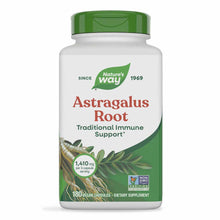 White bottle with green cap containing Nature's Way Astragalus Root supplement, 180 vegan capsules, 1,410 mg per serving.