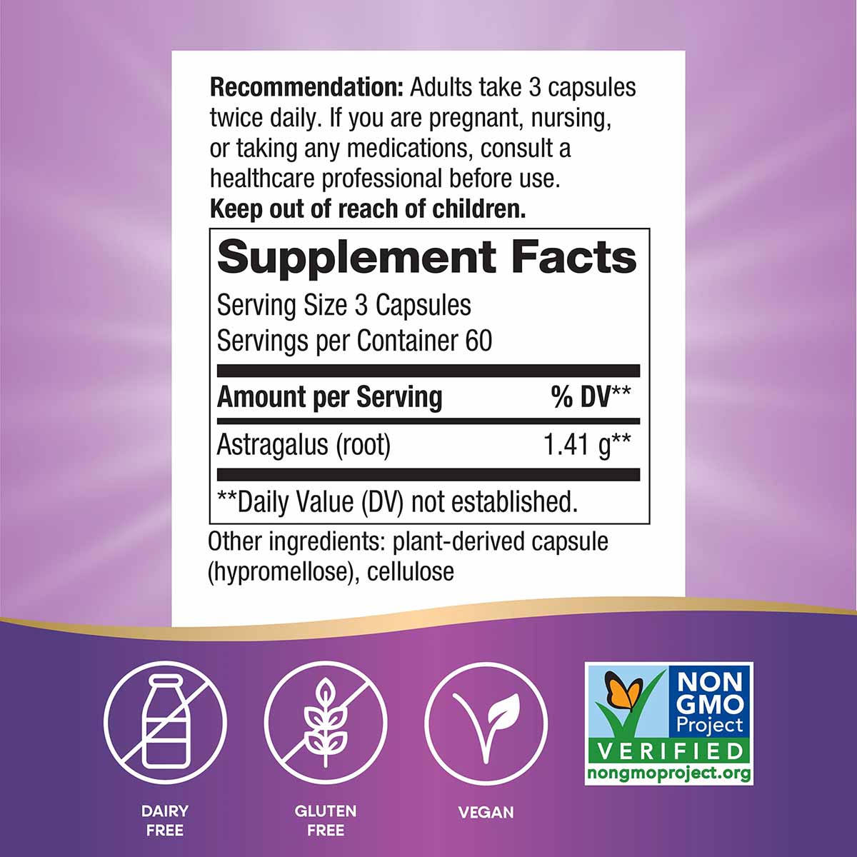 Supplement Facts label for Astragalus Root capsules showing 1.41g per serving, 60 servings per container, with dairy-free, gl