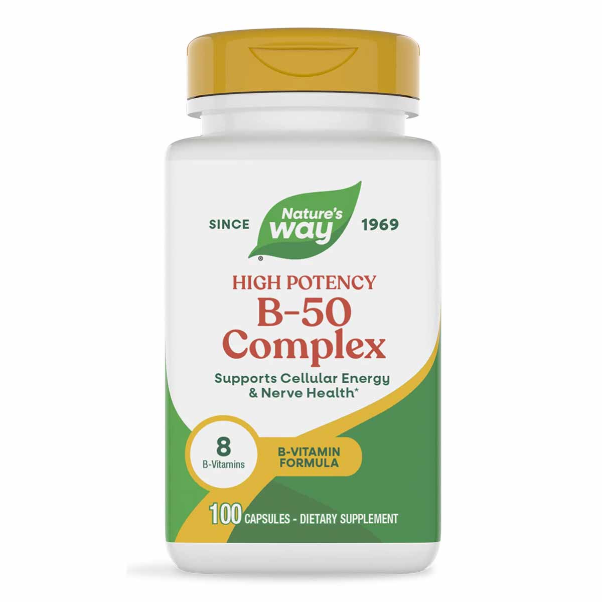 Nature's Way High Potency B-50 Complex bottle with gold cap containing 100 capsules.