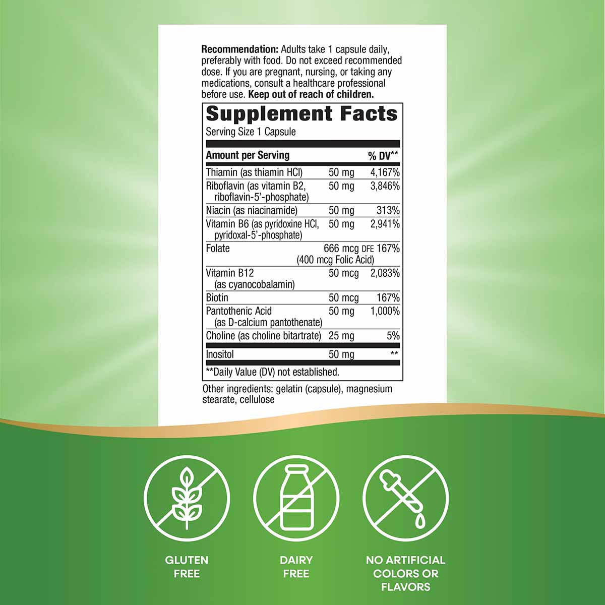B-50 Complex supplement facts label showing vitamin ingredients, serving size, and daily values on white background with gree