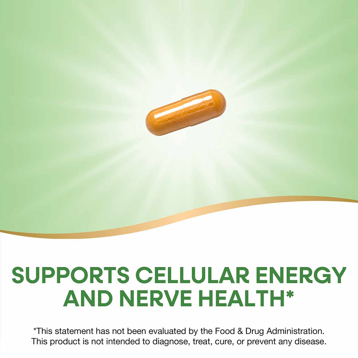 Golden-brown B-50 Complex vitamin supplement capsule on green gradient background.