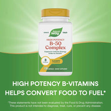 Nature's Way B-50 Complex bottle with gold cap and white label on green background, containing 100 capsules.