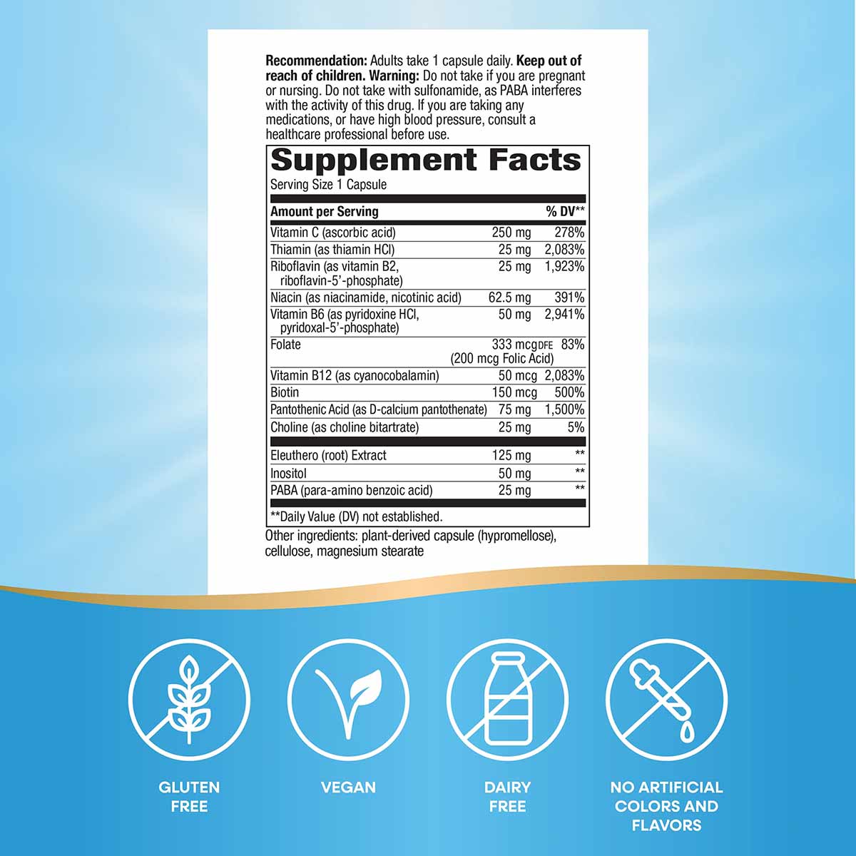 B-Stress Formula supplement facts label showing vitamin B complex ingredients with gluten-free, vegan, dairy-free, and no art