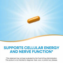 Brown vitamin B capsule on light blue background with radiating light effect.