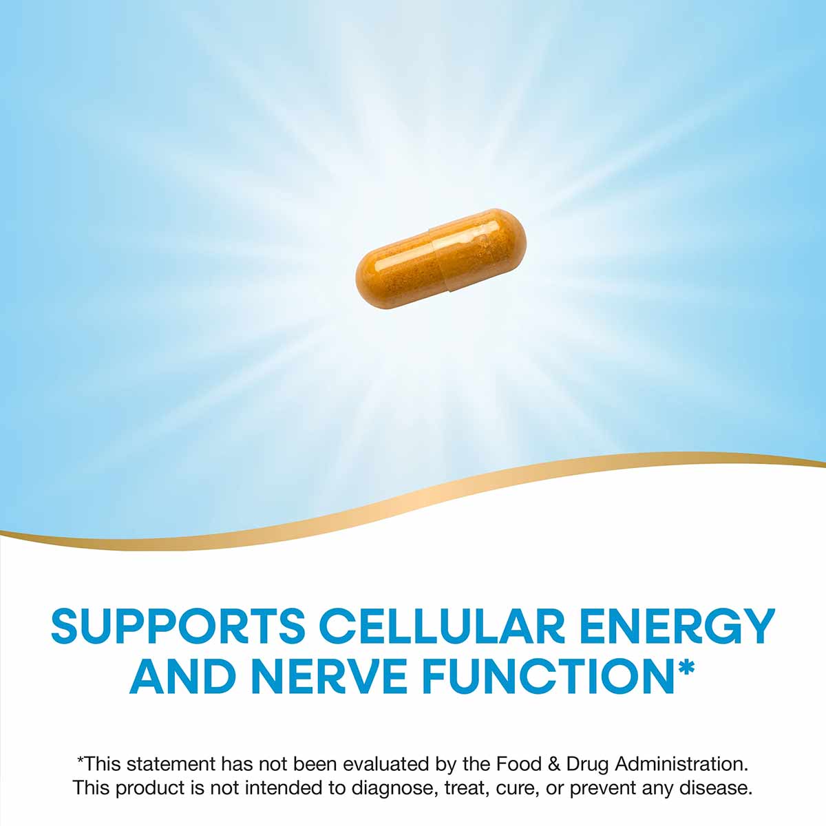 Brown vitamin B capsule on light blue background with radiating light effect.
