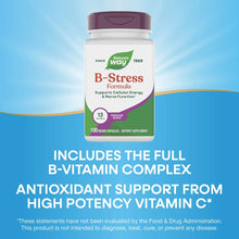 Nature's Way B-Stress Formula bottle with purple cap containing 100 vegan capsules on blue background.