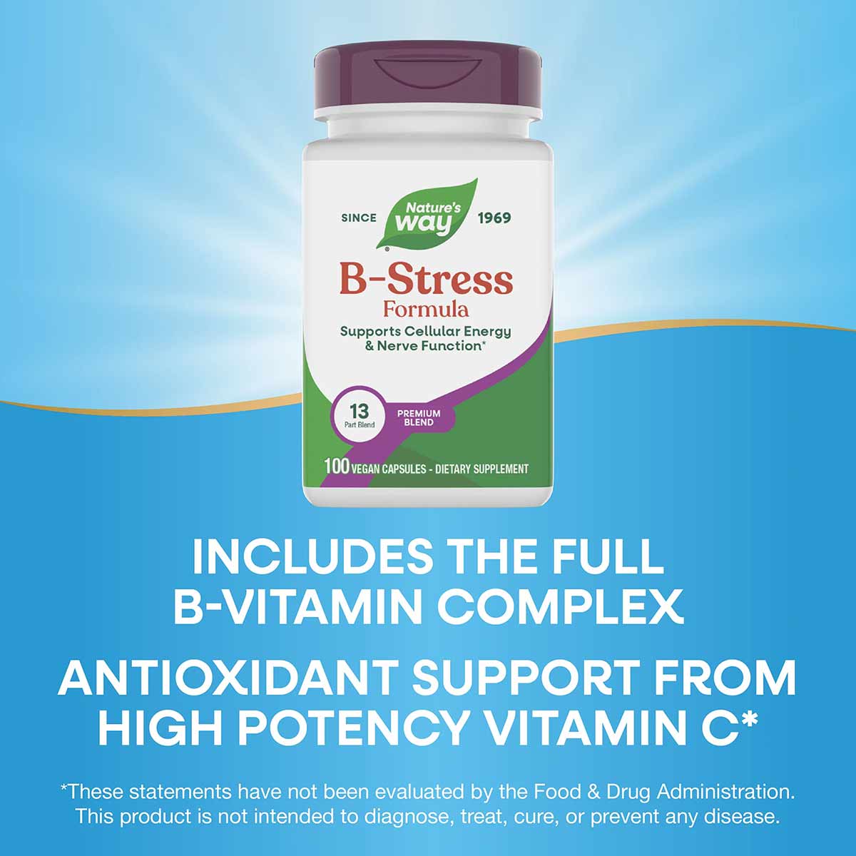 Nature's Way B-Stress Formula bottle with purple cap containing 100 vegan capsules on blue background.