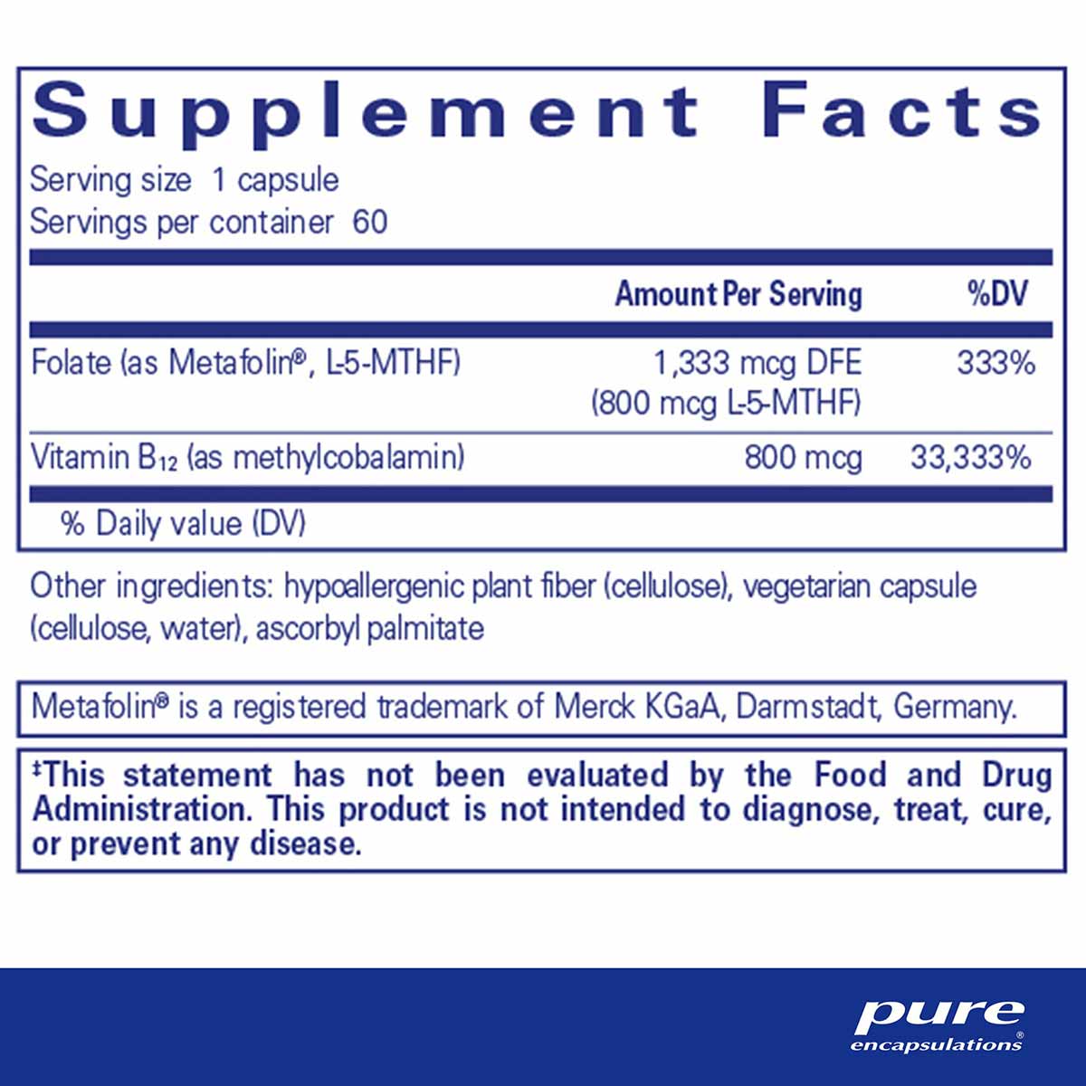 Supplement Facts label showing B12 Folate capsule nutritional information with 60 servings per container and Pure Encapsulati