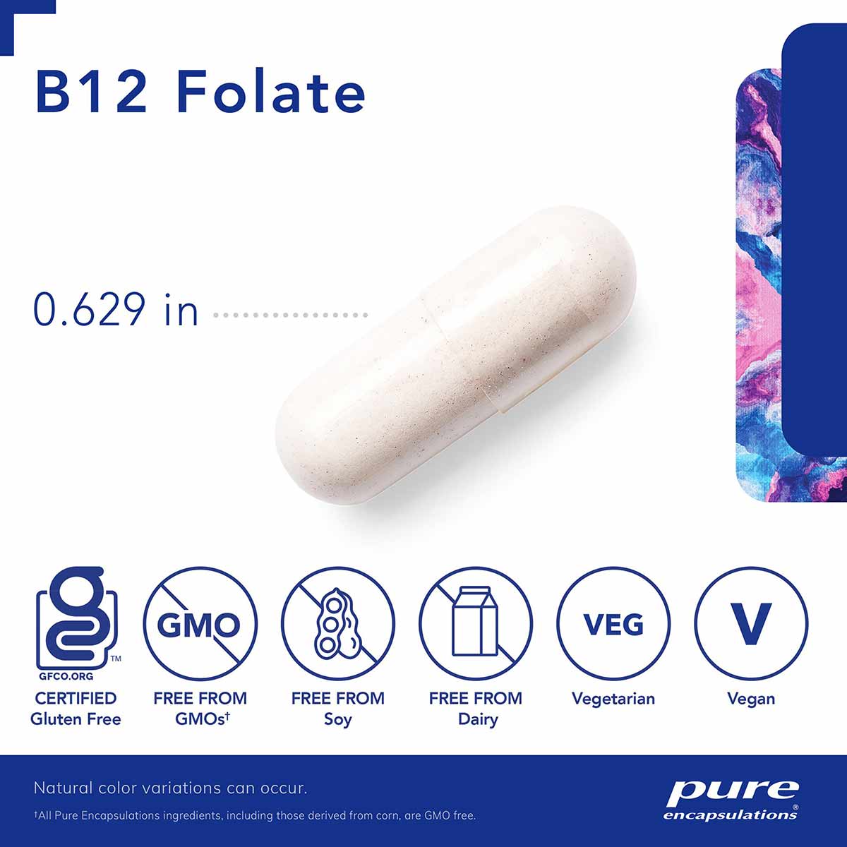 White B12 Folate capsule with product name, size measurement, certification badges, and colorful bottle packaging on white ba