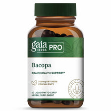 Amber glass bottle of Gaia Herbs Pro Bacopa with green cap containing dark liquid phyto-capsules.