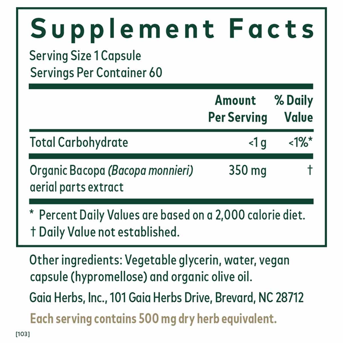 Supplement Facts label for Bacopa 60 Liquid Phyto Caps showing serving size, ingredients, and nutritional information.
