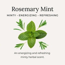 Green mint leaves surrounded by four rosemary sprigs on a cream background, with text reading Rosemary Mint and describing a minty herbal scent.