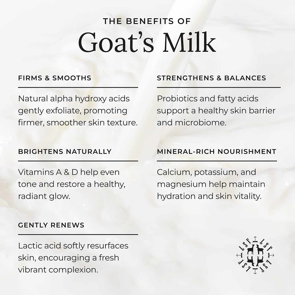 Infographic on a creamy white milk background listing five skin benefits of goat's milk, with a small Little Seed Farm logo.