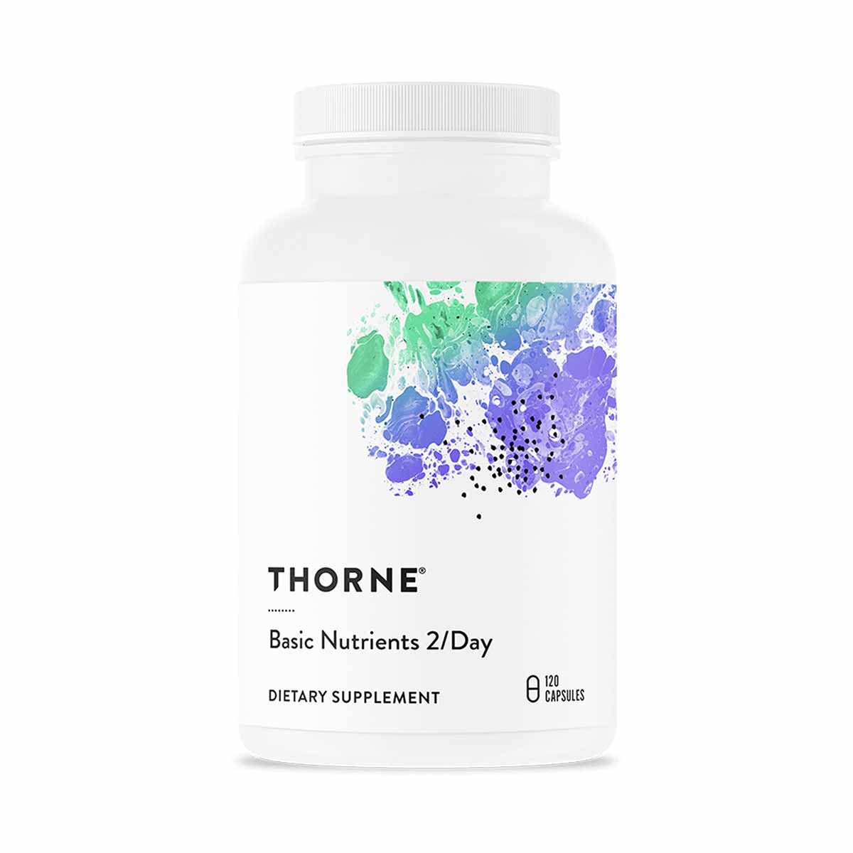 White plastic bottle of Thorne Basic Nutrients 2/Day dietary supplement containing 120 capsules with colorful watercolor desi