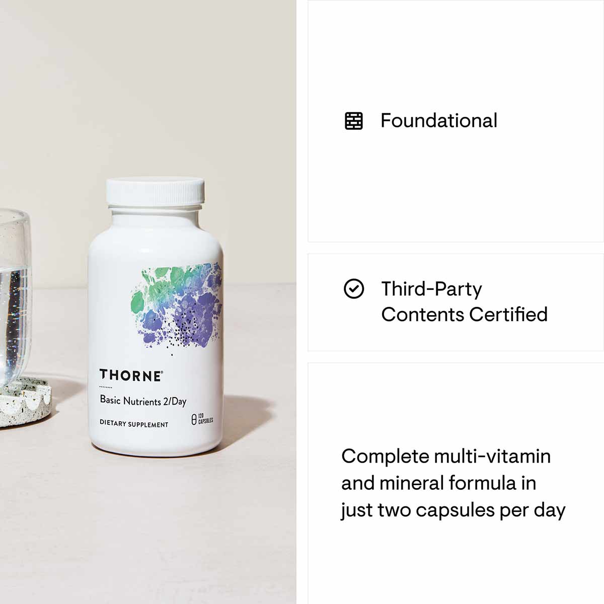 White bottle of Thorne Research Basic Nutrients 2/Day dietary supplement with colorful watercolor design on label.