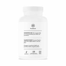 White plastic supplement bottle with white cap labeled "Foundational" by Thorne Research with usage and safety information on