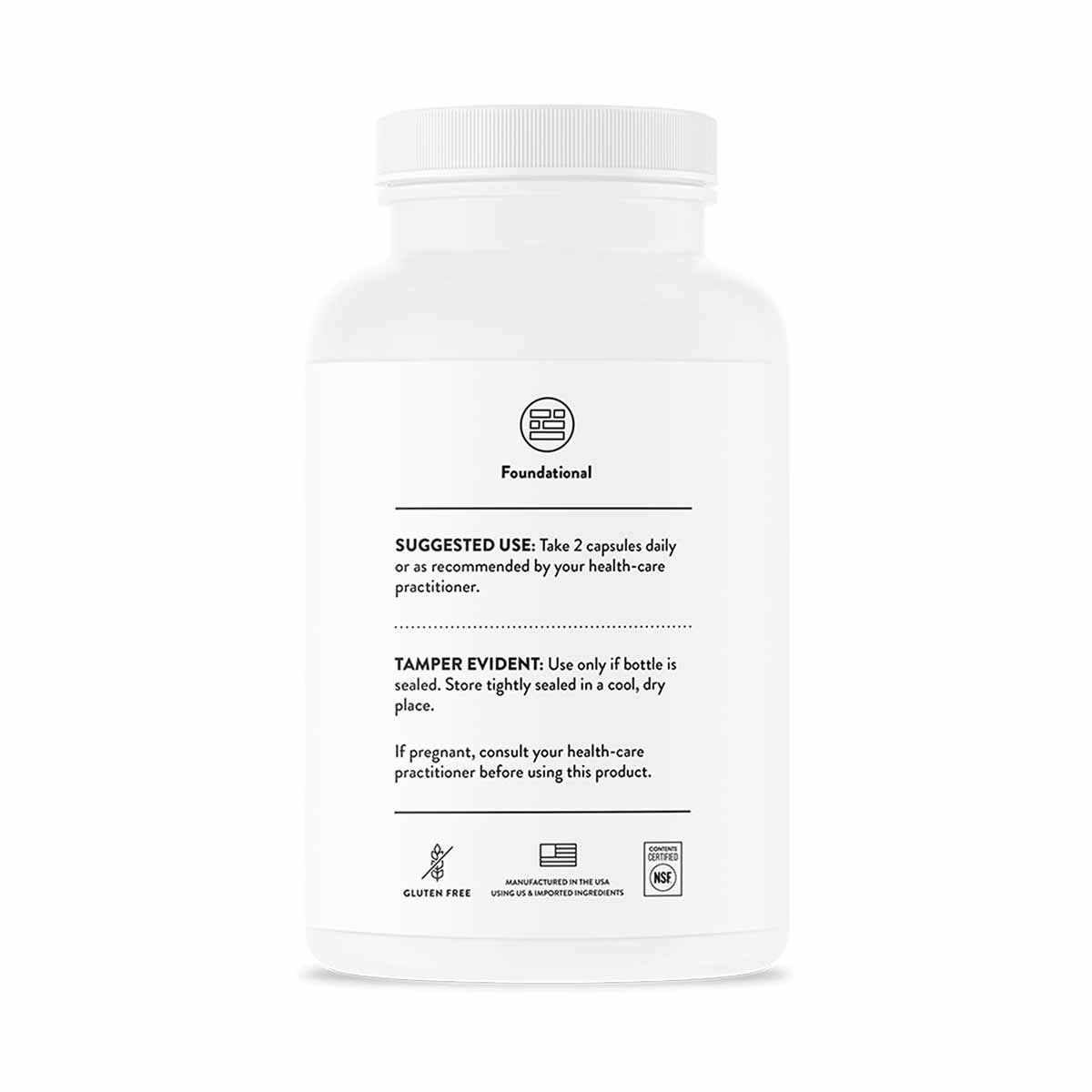White plastic supplement bottle with white cap labeled "Foundational" by Thorne Research with usage and safety information on