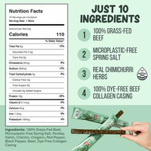 A nutrition facts label beside a list of four ingredients, with a hand holding a beef meat stick near green wrappers.