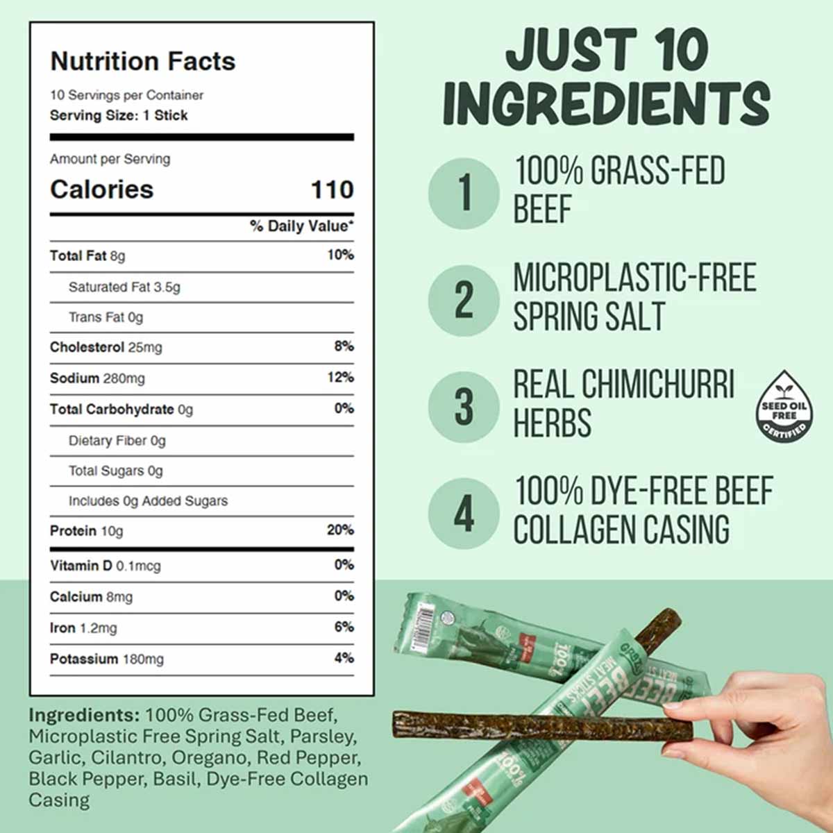 A nutrition facts label beside a list of four ingredients, with a hand holding a beef meat stick near green wrappers.