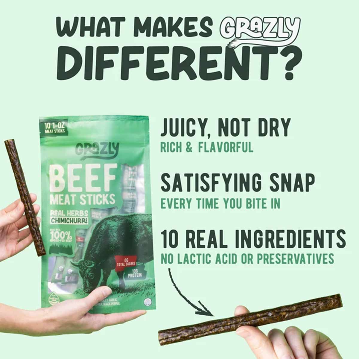 Hands hold a green Grazly beef meat sticks package and two dark meat sticks beside text about juiciness, snap, and ingredients.