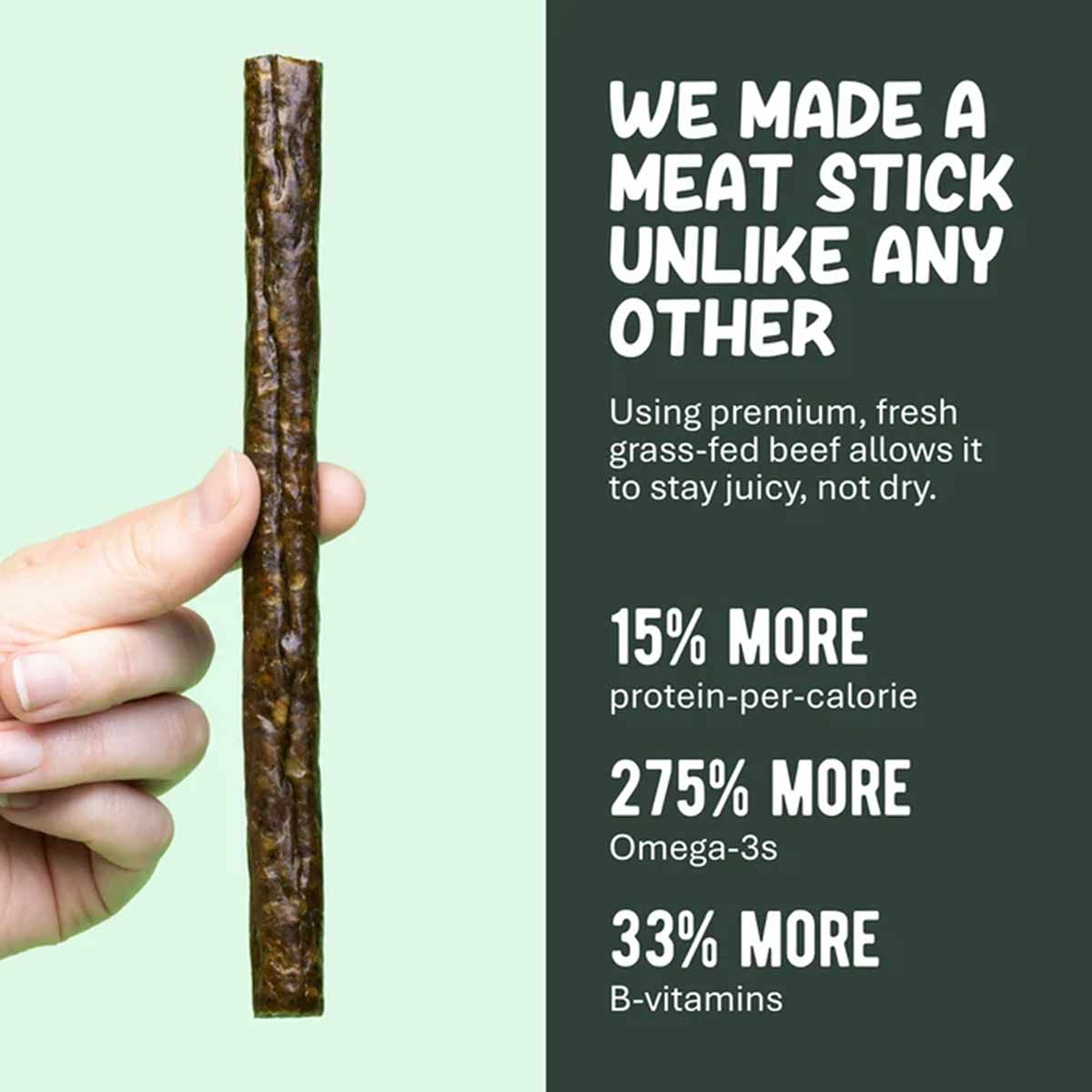 A hand holds a single dark brown beef meat stick against a mint background beside text listing protein, omega-3 and B-vitamin claims.