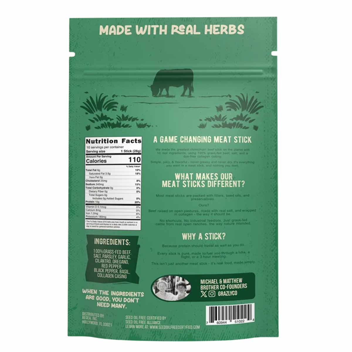 Back of a green meat stick pouch showing a grazing cow illustration, nutrition facts, ingredients list, brand story text, and a barcode.