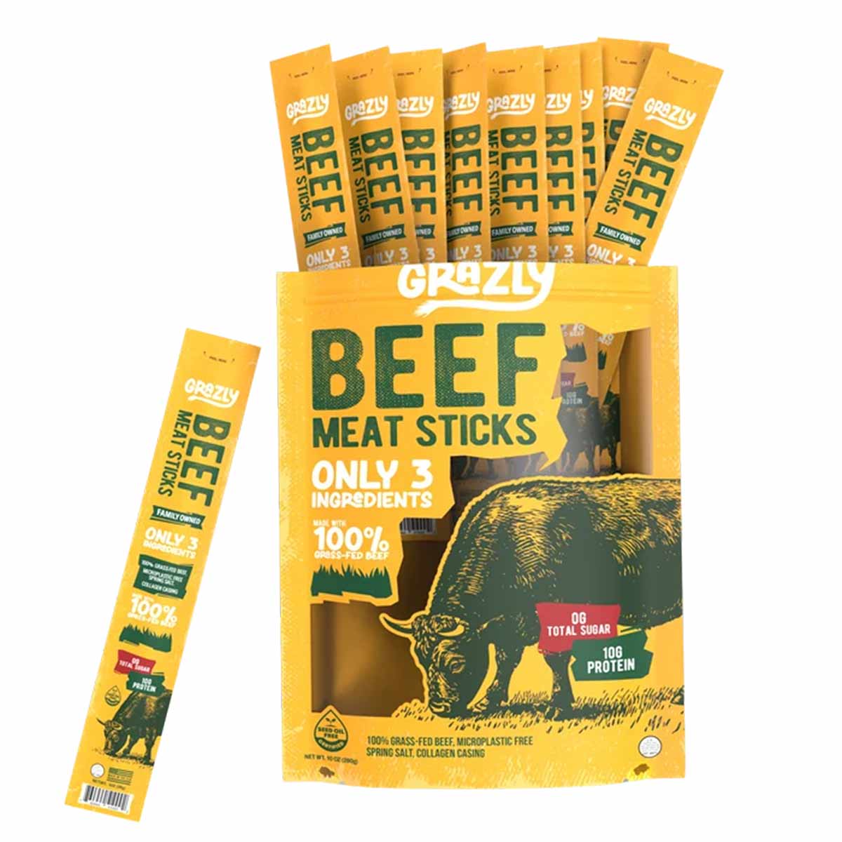 A yellow Grazly Beef Meat Sticks bag with a grazing bull illustration, with individually wrapped sticks rising from the top and one beside it.