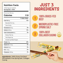 A nutrition facts panel beside a list of three ingredients and a hand holding yellow-wrapped beef meat sticks.