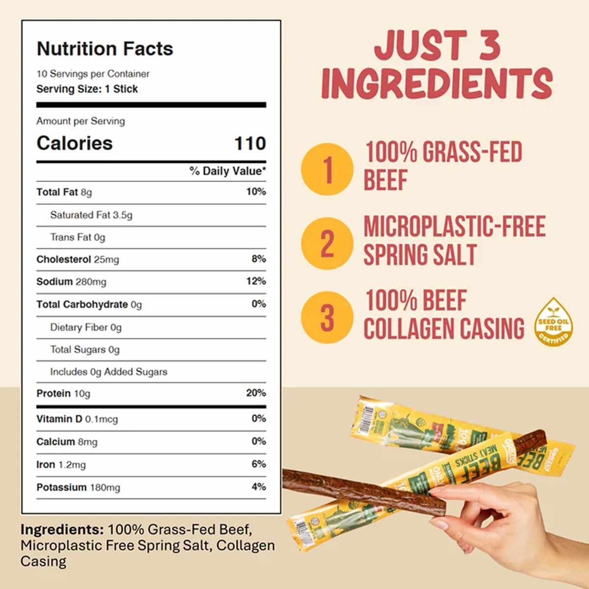 A nutrition facts panel beside a list of three ingredients and a hand holding yellow-wrapped beef meat sticks.