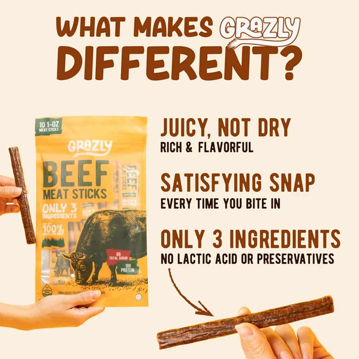 Hands hold a yellow Grazly beef meat sticks bag and individual sticks beside text about juiciness, snap, and three ingredients.