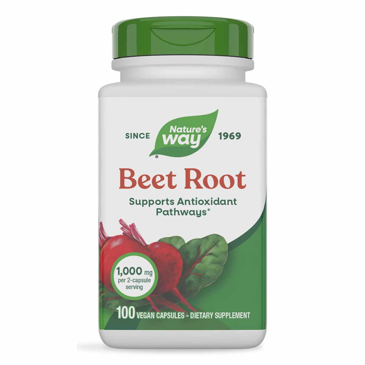 Nature's Way Beet Root supplement bottle with green cap, white label showing red beets, 100 vegan capsules.