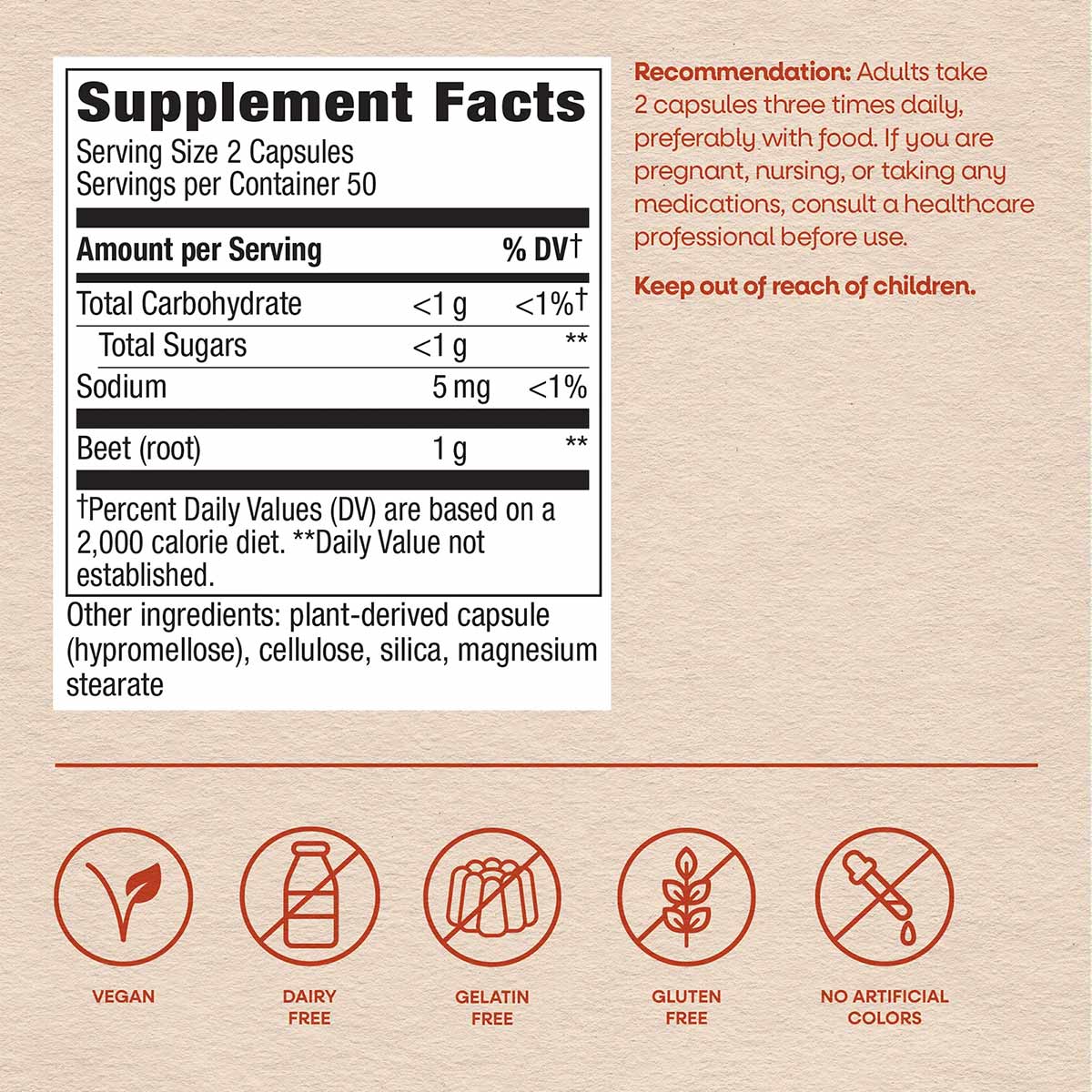 Supplement Facts label for beet root capsules showing 1g beet root per serving, vegan and gluten-free certification icons bel