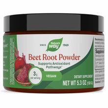 Brown glass jar with black lid containing Nature's Way Beet Root Powder, 5.3 oz, labeled vegan dietary supplement.