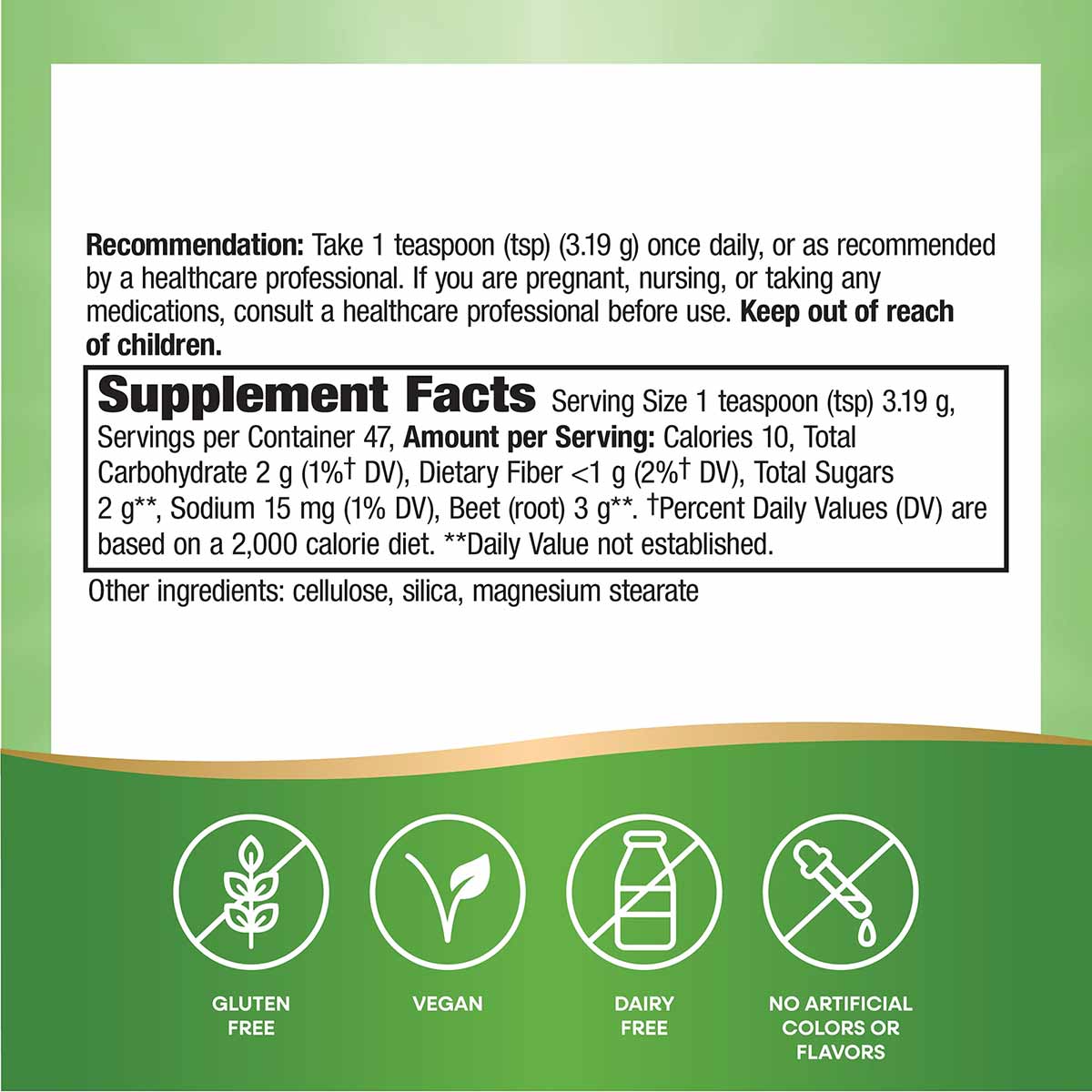 Beet Root Powder supplement facts label showing serving size, nutritional information, and icons indicating gluten-free, vega