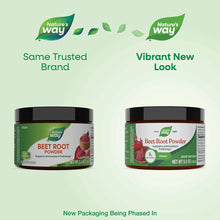 Two Nature's Way Beet Root Powder containers with black lids showing old and new packaging designs side by side.