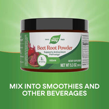 Nature's Way Beet Root Powder in a brown glass jar with black lid, 5.3 oz, labeled vegan dietary supplement.
