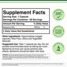 Supplement Facts label for Berberine HCL 500mg capsules showing serving information, ingredients, usage instructions, and cer