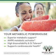 Double Wood Supplements Berberine product packaging featuring text about metabolic support and a photo of a smiling woman wit