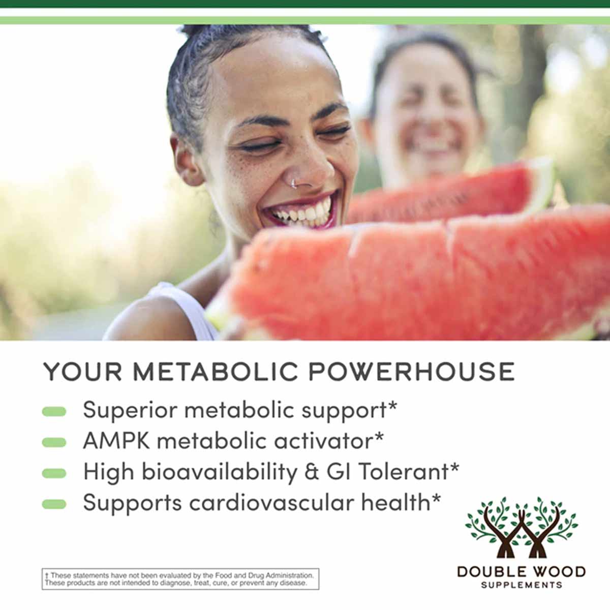 Double Wood Supplements Berberine product packaging featuring text about metabolic support and a photo of a smiling woman wit