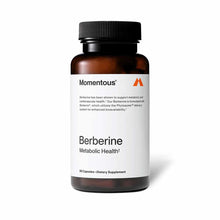 Dark amber bottle with black screw cap labeled "Momentous Berberine Metabolic Health," 60 capsules, dietary supplement.